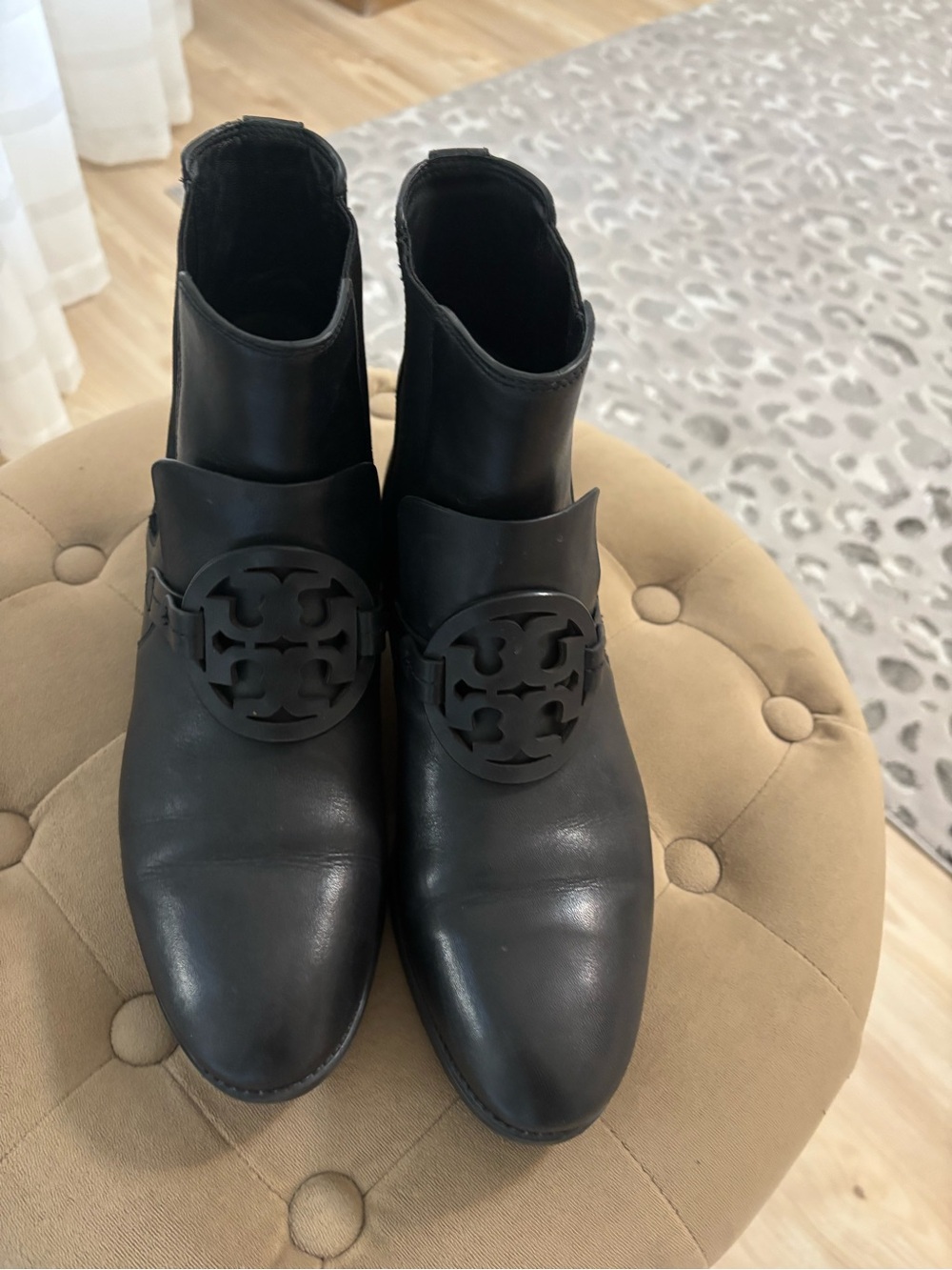 Tory Burch Black Leather Ankle Booties with Logo Medallion